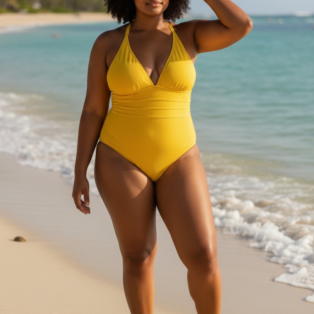 SHEIN Vibrant Yellow One-Piece Ribbed Swimsuit